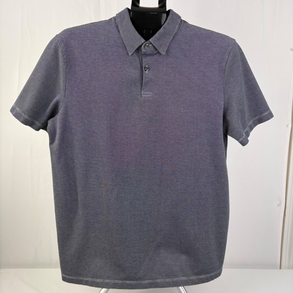 Charles Tyrwhitt Mens S/S Navy Blue White Micro Check Button Collar Polo Shirt L - Picture 3 of 8